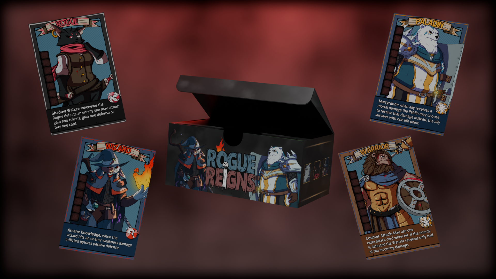 Rogue Reigns card game render with hero cards and box