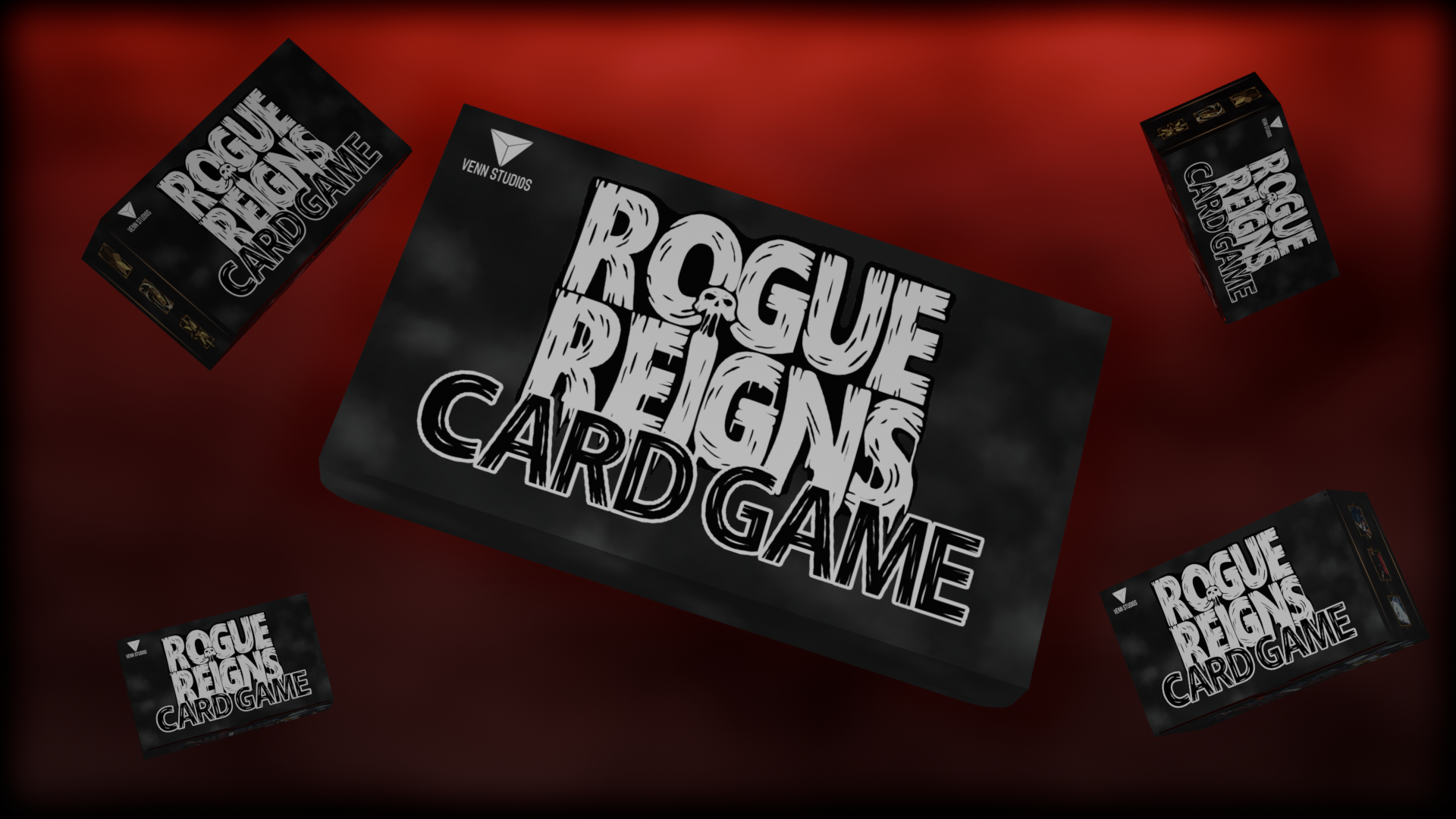 Rogue Reigns card game packaging render with multiple box angles