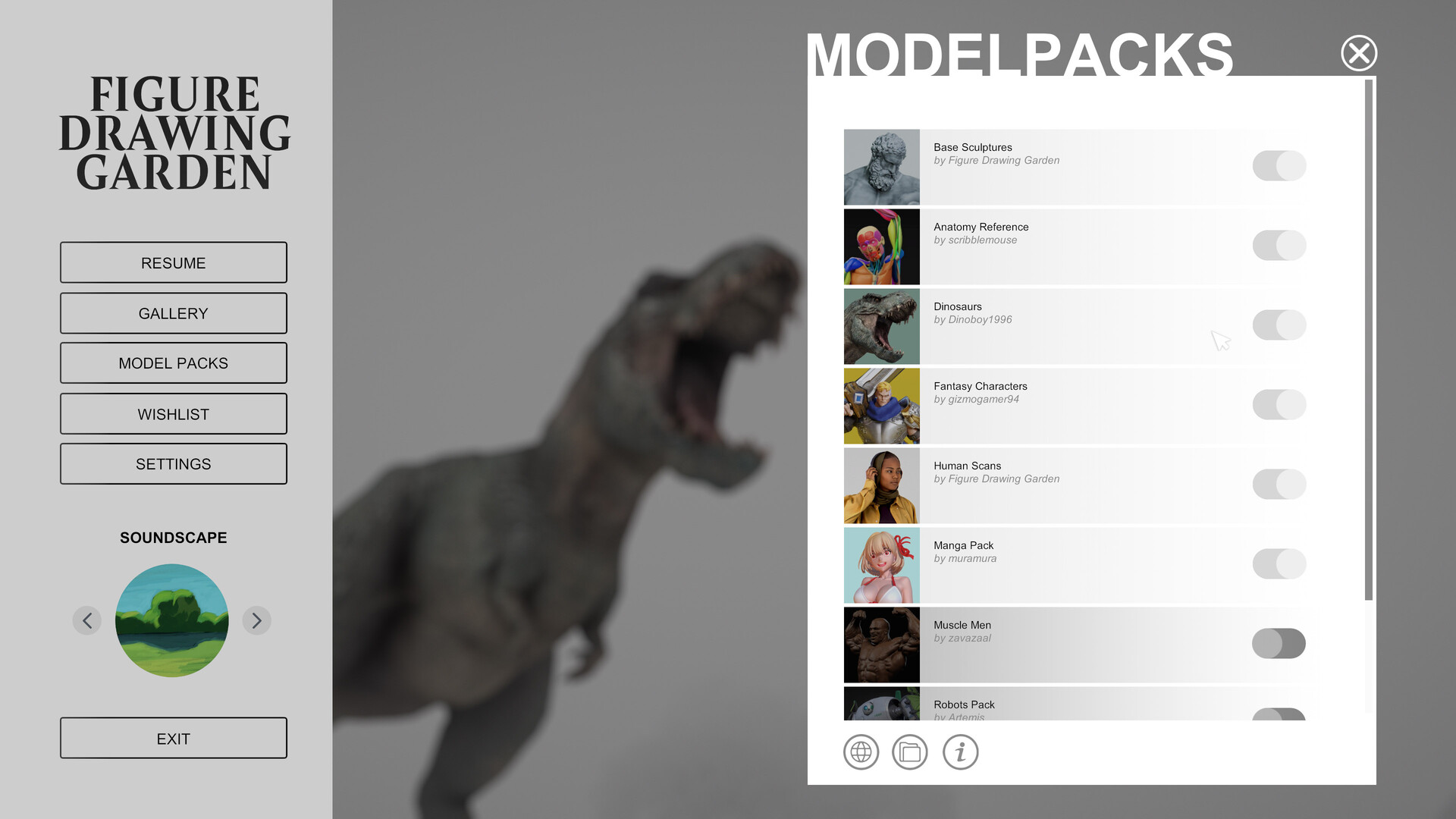 Figure Drawing Garden menu listing Model Packs beside a column of community sculpture packs