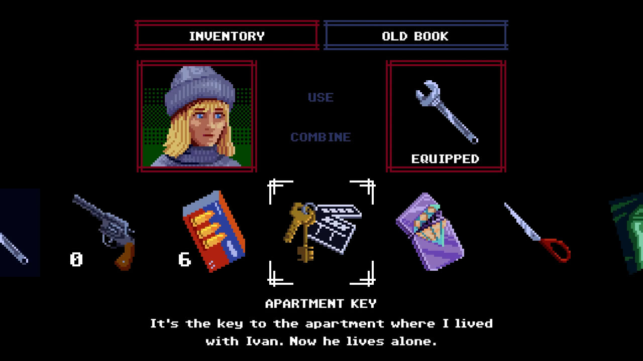 Pixel-art knife fight in a dark hallway against a tall pale creature, with a heart for health in the corner