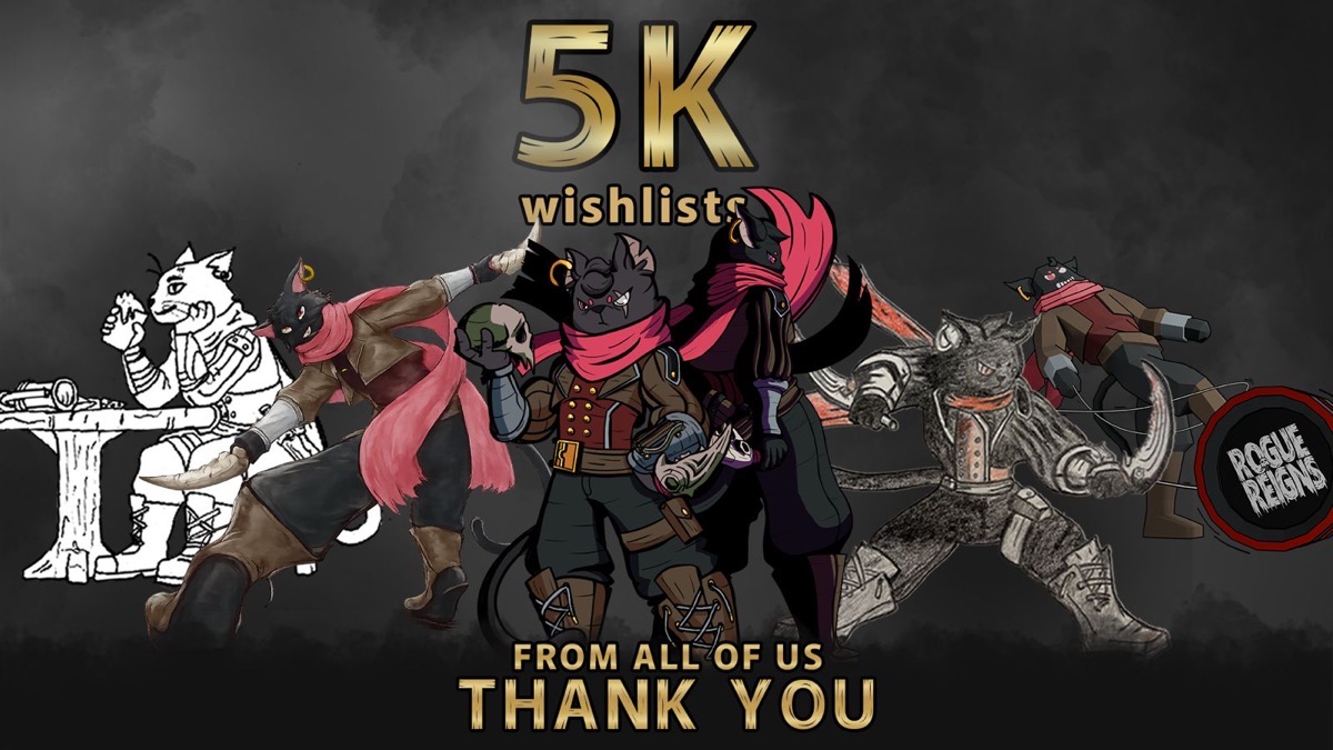 Rogue Reigns heroes lined up under a 'thank you' wishlist milestone banner